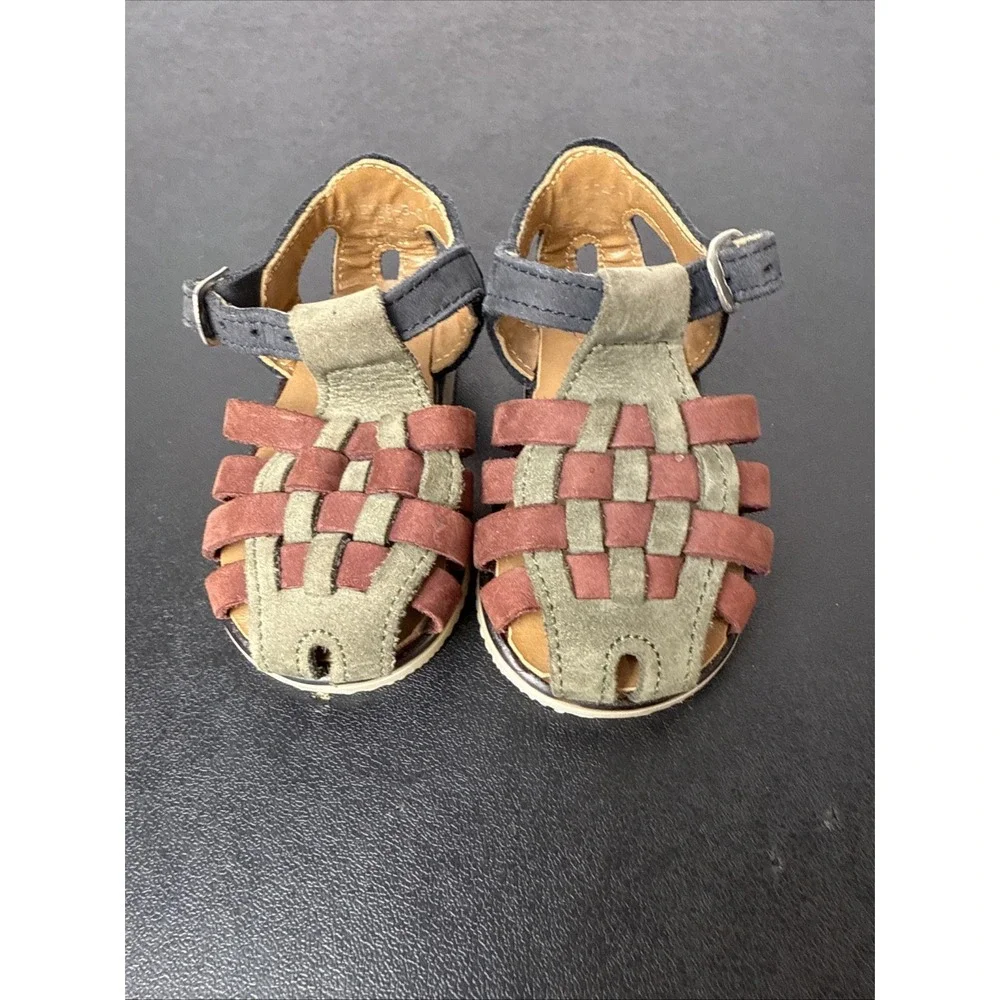 VTG Kinney Kids Size 3 Infant Leather Suede‎ Braided Sandals Green Burgundy CUTE